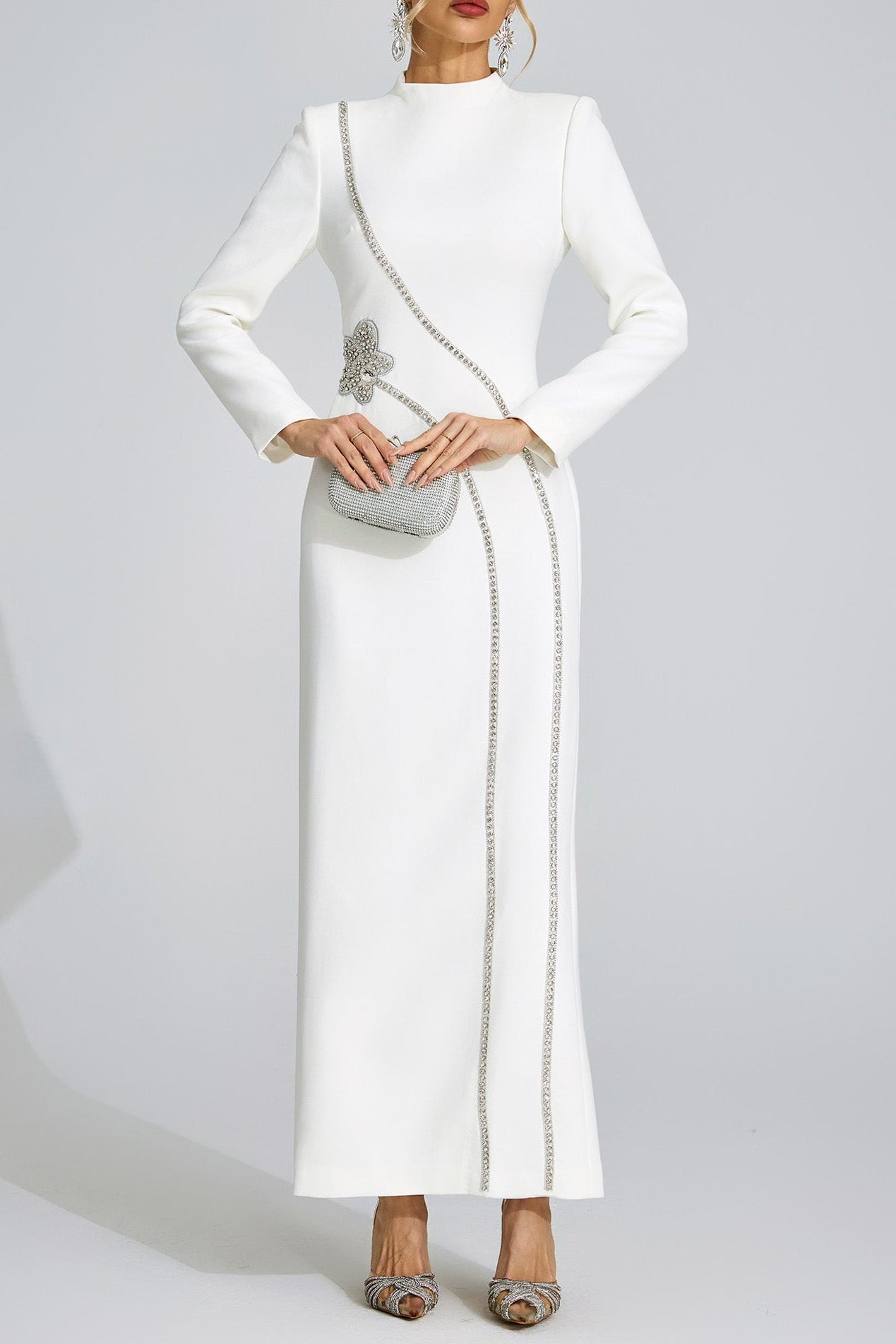 Flowering Girl Women nicola Diamond embellished long sleeve Maxi Dress - white