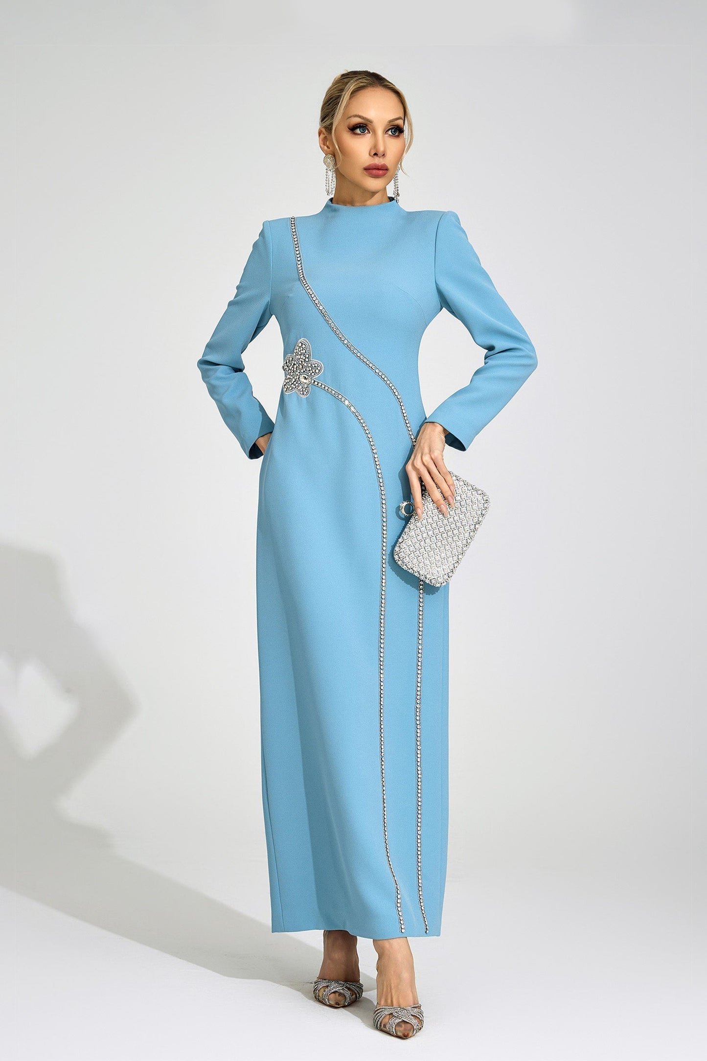 nicola Diamond embellished long sleeve Maxi Dress - blue