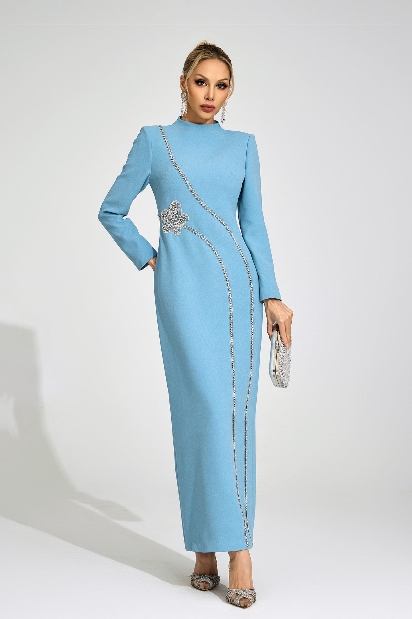 nicola Diamond embellished long sleeve Maxi Dress - blue
