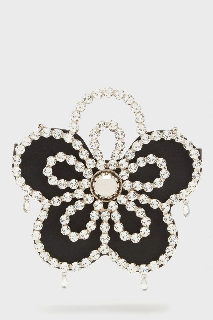 Flowering Girl Women Elysa Flower Diamante Satin Clutch - Black