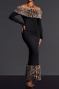 clara Off Shoulder Leopard furry Maxi Dress in black