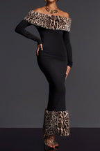 clara Off Shoulder Leopard furry Maxi Dress in black