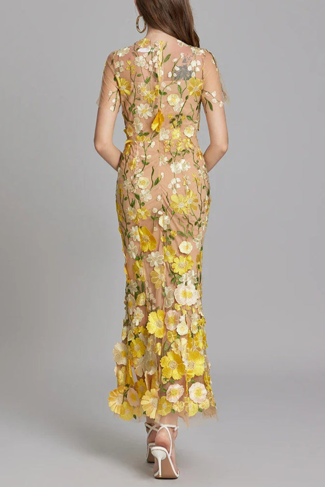 Flowering Girl Women Floral Embroidery Mesh Fishtail Midi Dress In Yellow