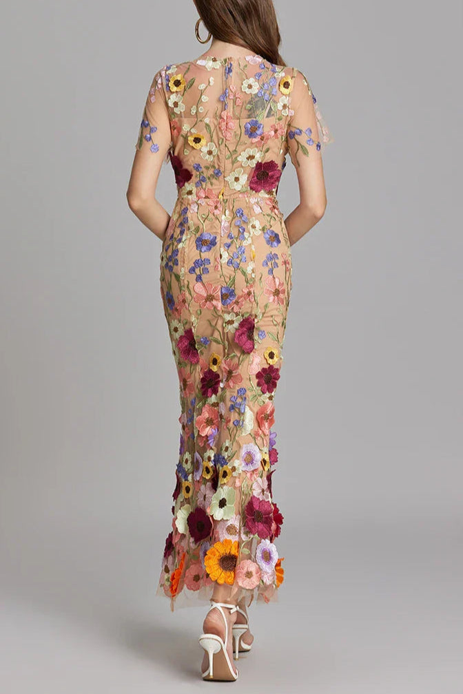 Flowering Girl Women Floral Embroidery Mesh Fishtail Midi Dress In Brown