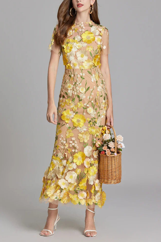 Flowering Girl Women Floral Embroidery Mesh Fishtail Midi Dress In Yellow