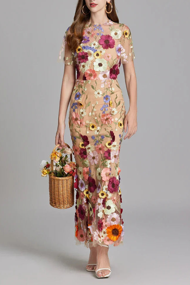 Flowering Girl Women Floral Embroidery Mesh Fishtail Midi Dress In Brown