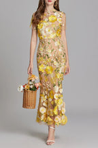 Flowering Girl Women Floral Embroidery Mesh Fishtail Midi Dress In Yellow