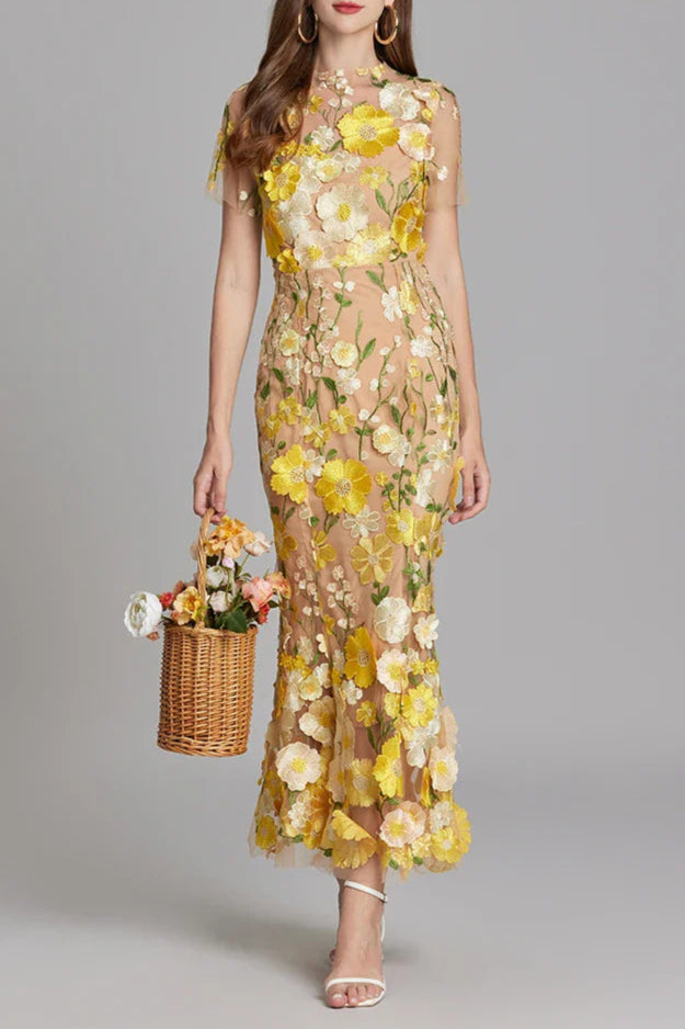 Flowering Girl Women Floral Embroidery Mesh Fishtail Midi Dress In Yellow