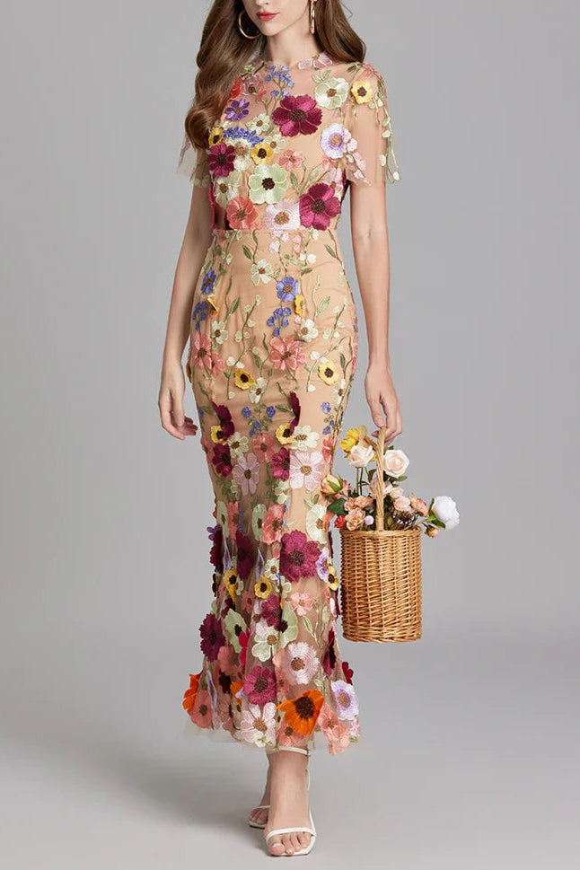 Flowering Girl Women Floral Embroidery Mesh Fishtail Midi Dress In Brown