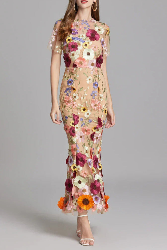 Flowering Girl Women Floral Embroidery Mesh Fishtail Midi Dress In Brown