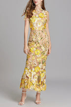 Flowering Girl Women Floral Embroidery Mesh Fishtail Midi Dress In Yellow