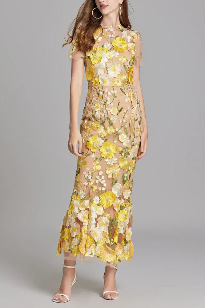 Flowering Girl Women Floral Embroidery Mesh Fishtail Midi Dress In Yellow