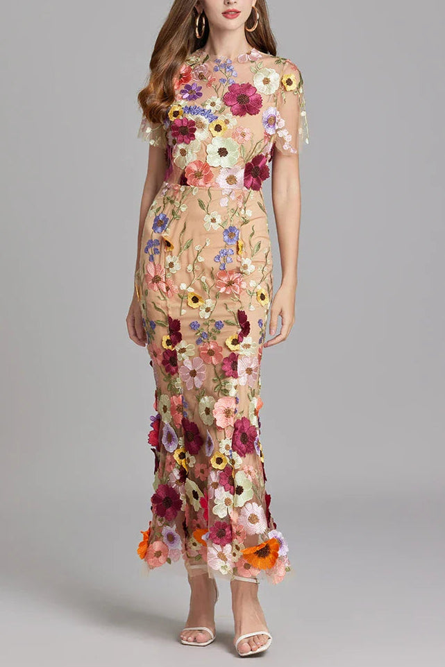 Flowering Girl Women Floral Embroidery Mesh Fishtail Midi Dress In Brown