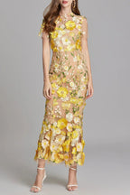 Flowering Girl Women Floral Embroidery Mesh Fishtail Midi Dress In Yellow