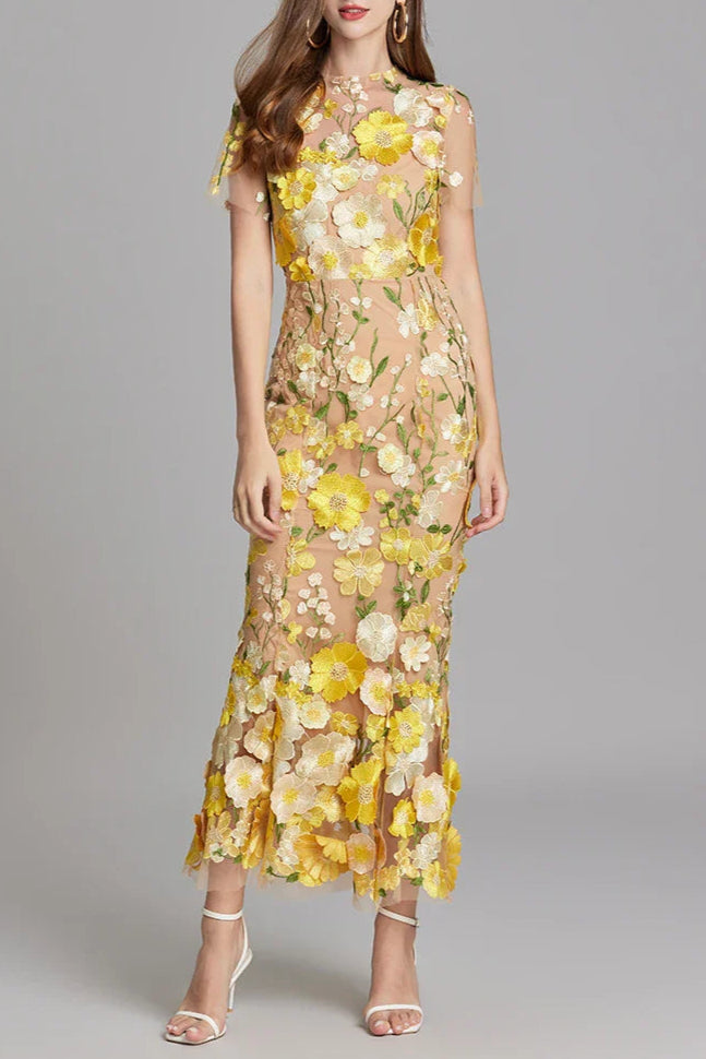 Flowering Girl Women Floral Embroidery Mesh Fishtail Midi Dress In Yellow