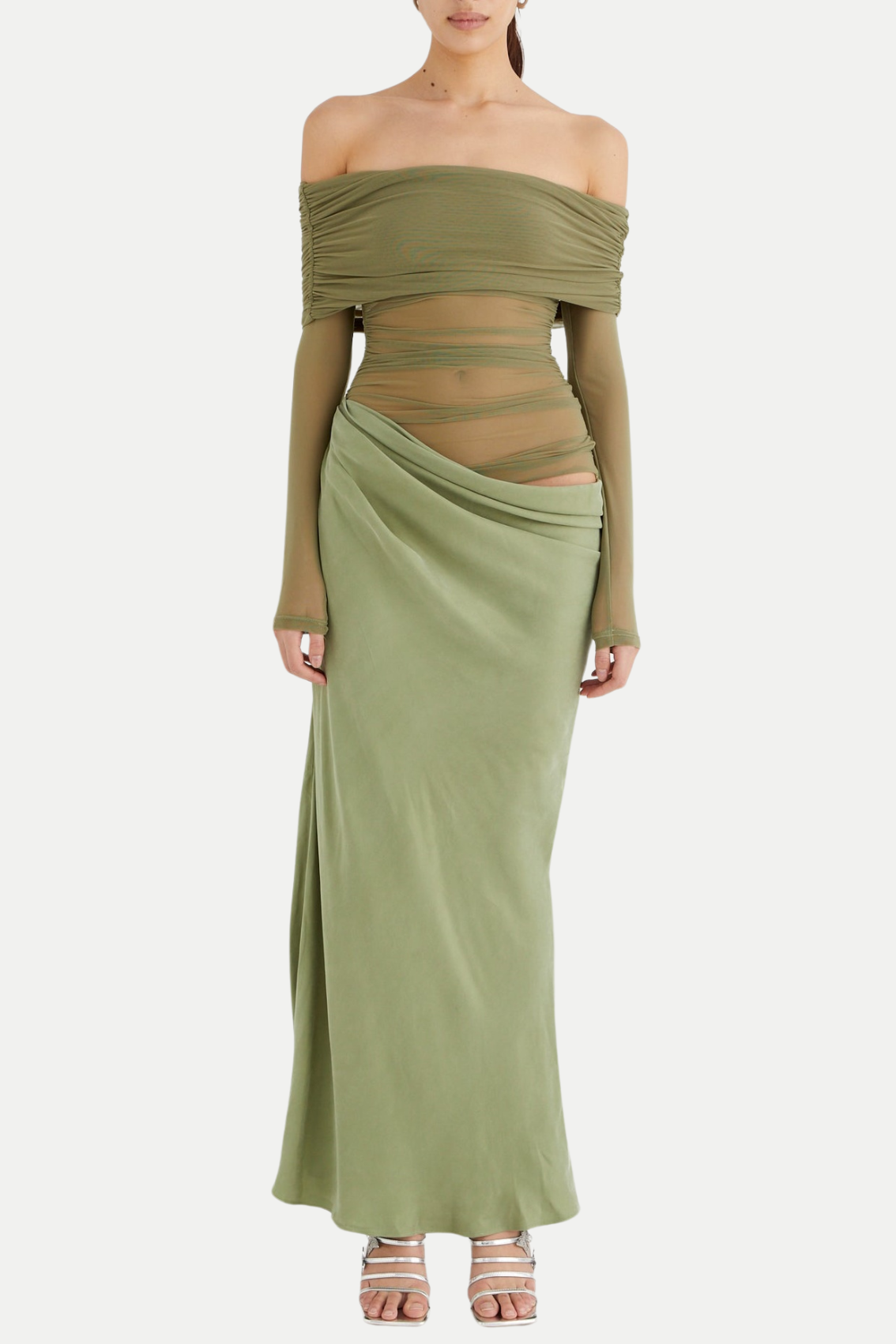 Flowering Girl Women Enko Off Shoulder Ruched Mesh Maxi Dress - Green