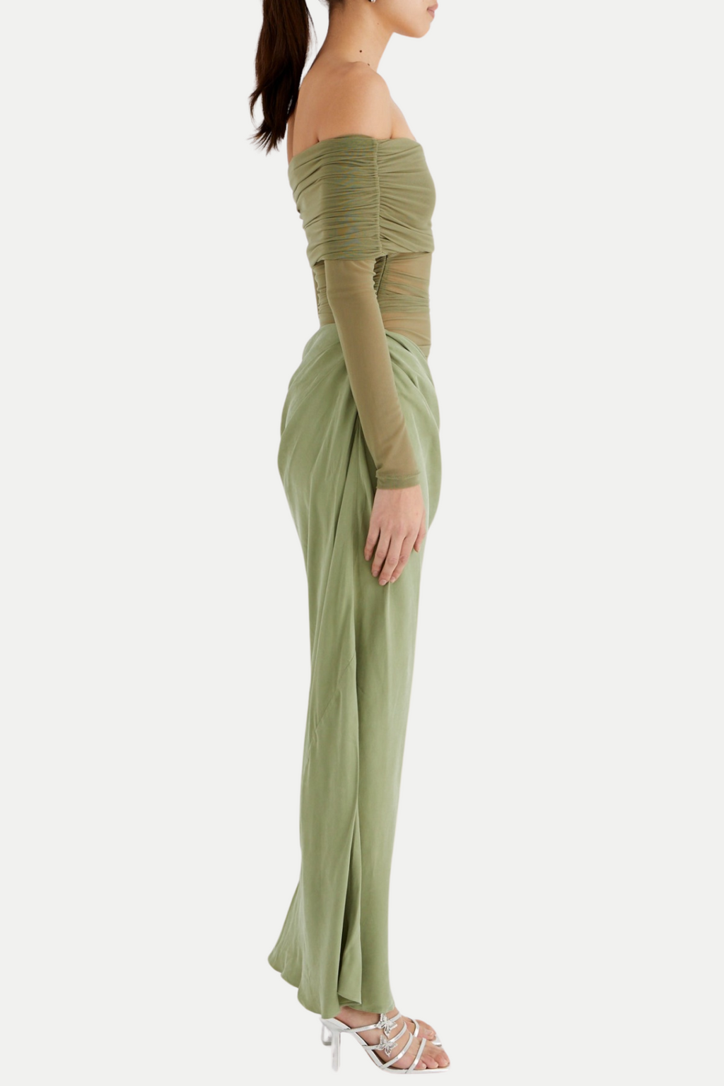 Flowering Girl Women Enko Off Shoulder Ruched Mesh Maxi Dress - Green