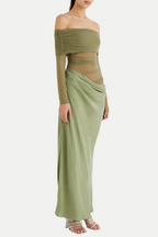 Flowering Girl Women Enko Off Shoulder Ruched Mesh Maxi Dress - Green