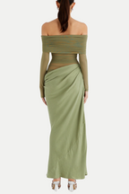 Flowering Girl Women Enko Off Shoulder Ruched Mesh Maxi Dress - Green