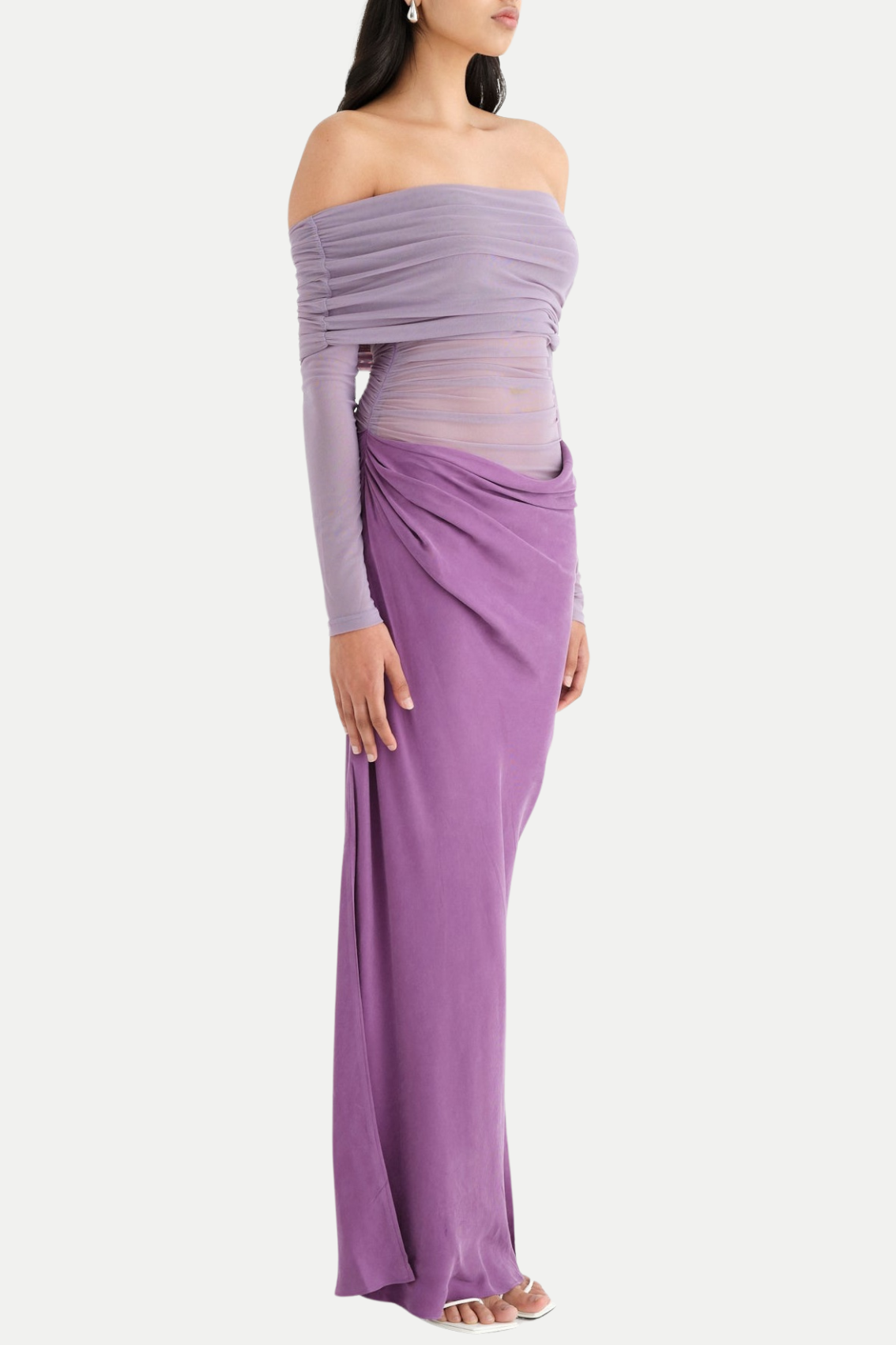 Flowering Girl Women Enko Off Shoulder Ruched Mesh Maxi Dress - Purple