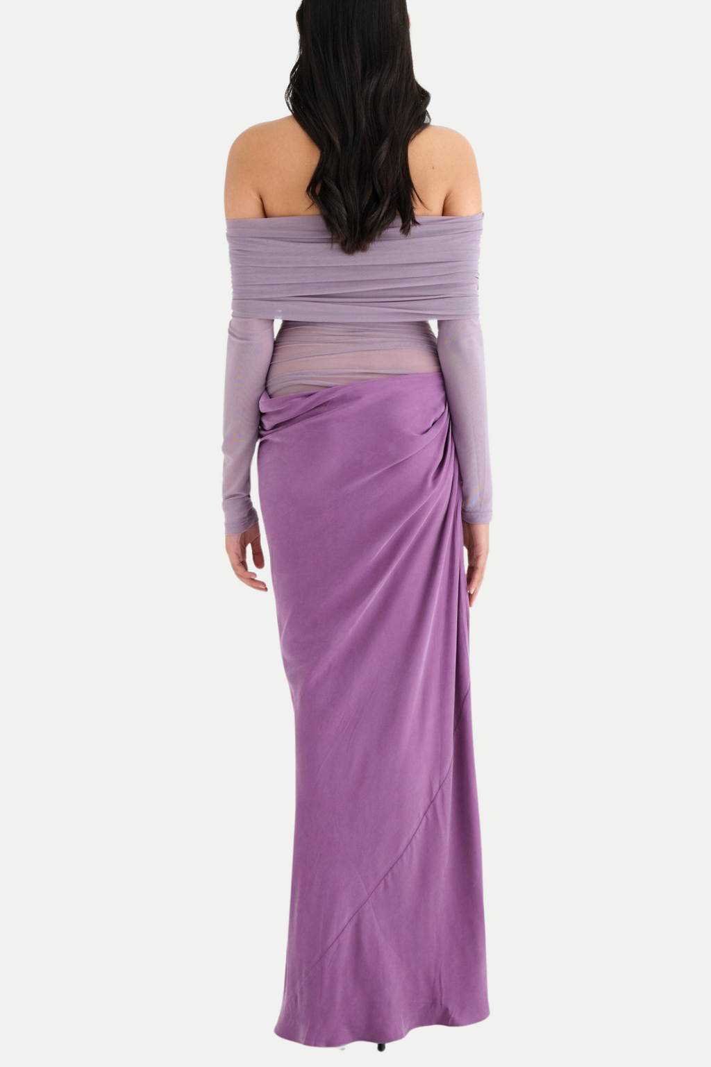 Flowering Girl Women Enko Off Shoulder Ruched Mesh Maxi Dress - Purple