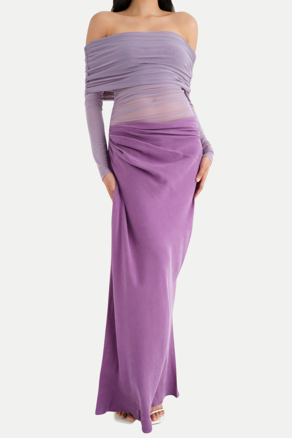 Flowering Girl Women Enko Off Shoulder Ruched Mesh Maxi Dress - Purple