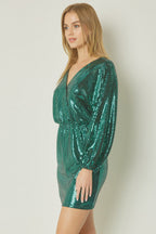 Flowering Girl Women Shiny Green Metallic Long Sleeve Mini Dress