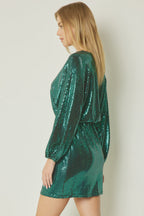 Flowering Girl Women Shiny Green Metallic Long Sleeve Mini Dress