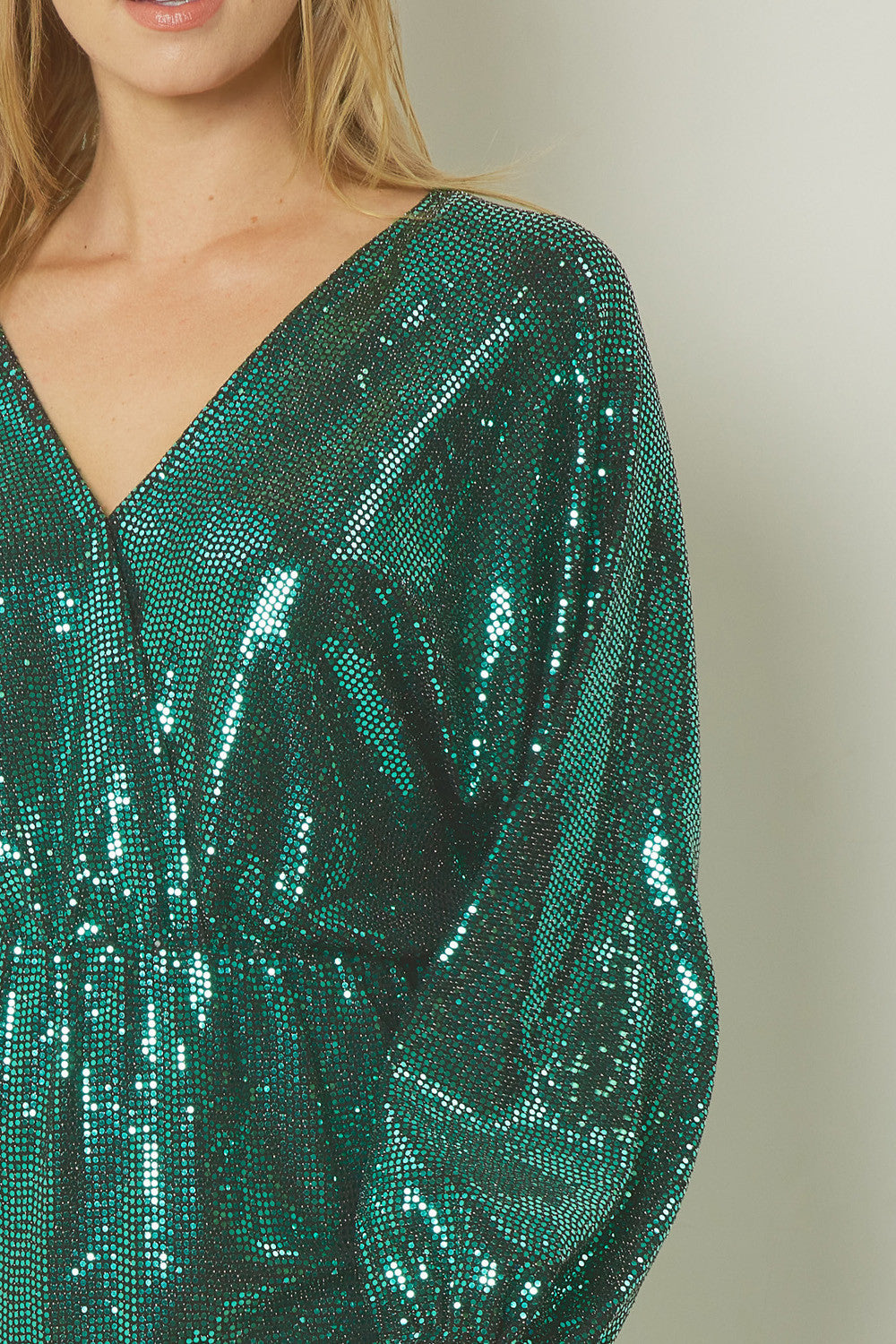 Flowering Girl Women Shiny Green Metallic Long Sleeve Mini Dress