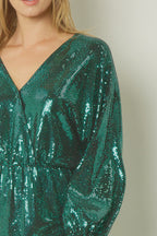 Flowering Girl Women Shiny Green Metallic Long Sleeve Mini Dress