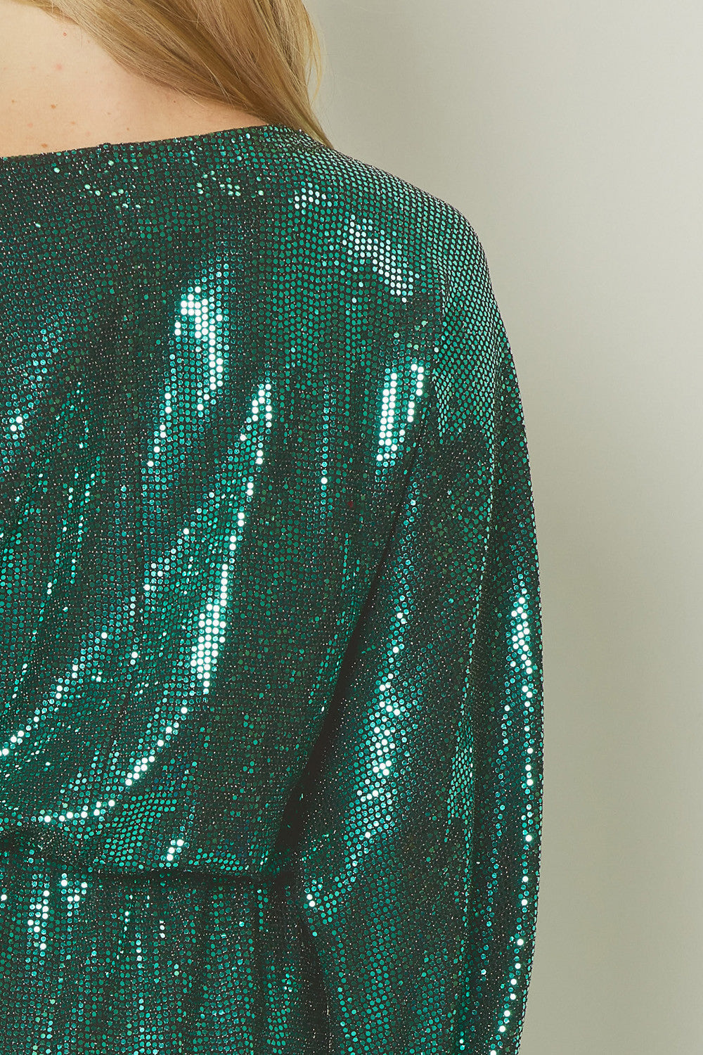 Flowering Girl Women Shiny Green Metallic Long Sleeve Mini Dress