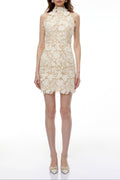 irene Neutral High Neck Lace embroidery Mini Dress