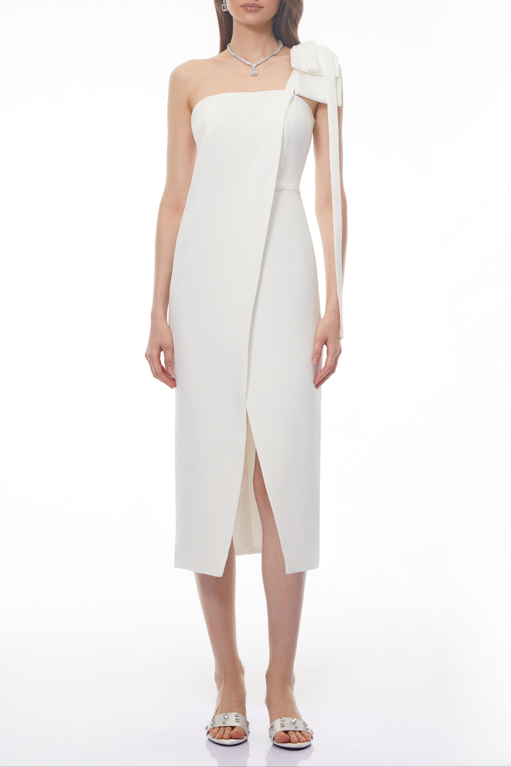Estelle White Off Shoulder Satin Midi Dress With Bow