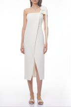 Estelle White Off Shoulder Satin Midi Dress With Bow