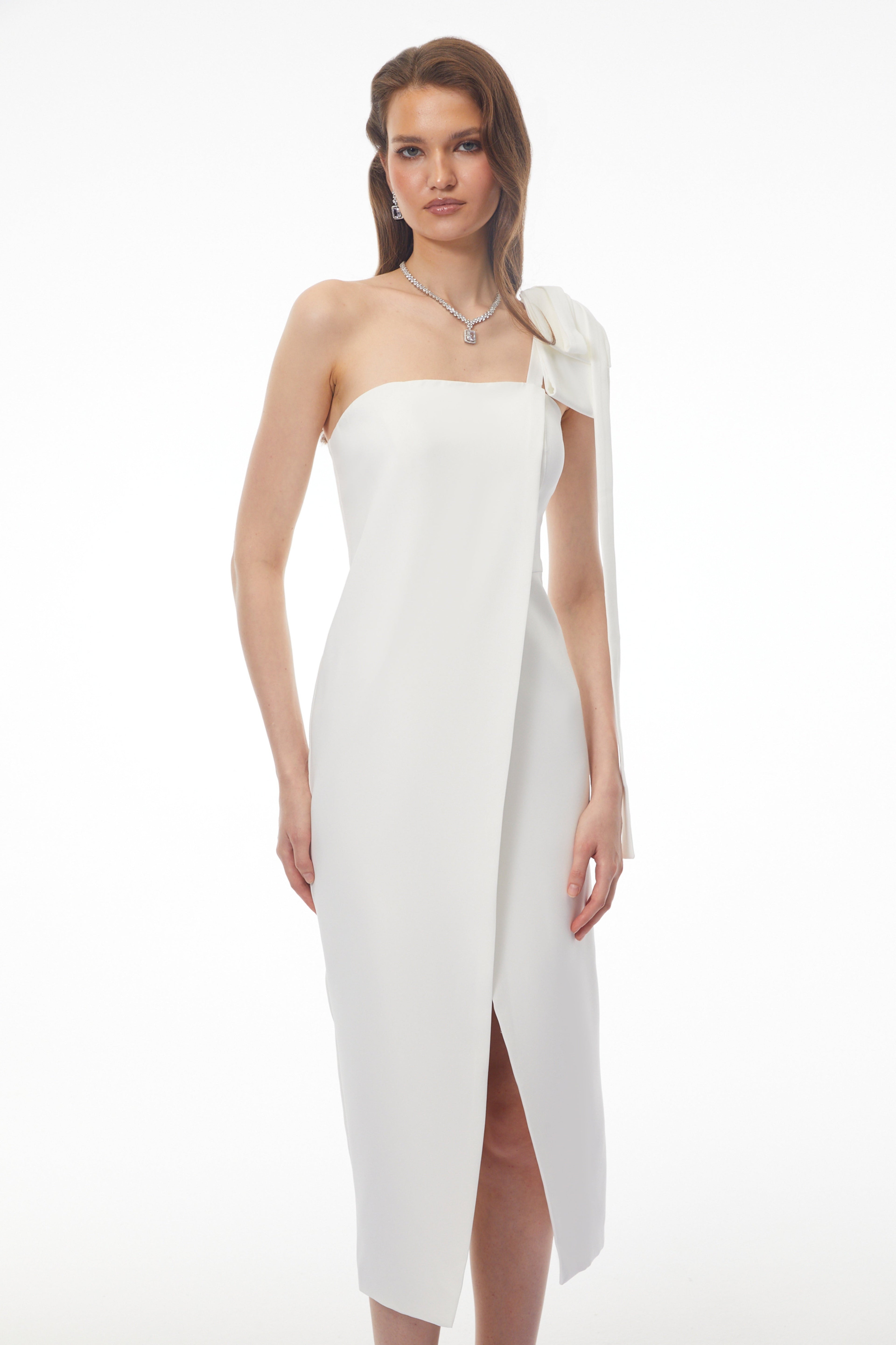 Estelle White Off Shoulder Satin Midi Dress With Bow