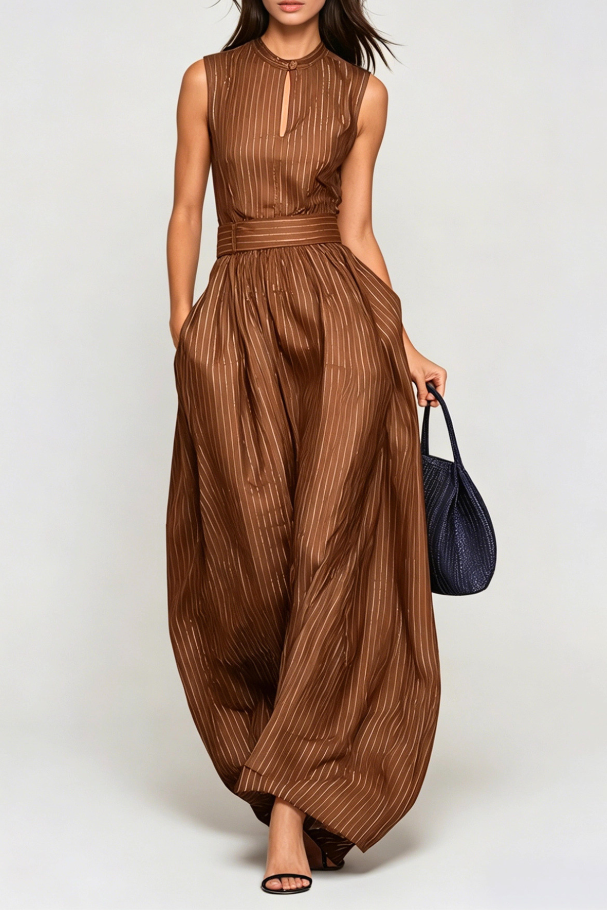 Flowering Girl Women Eufemia Sleeveless Stripe Cutout Jumpsuit - Brown