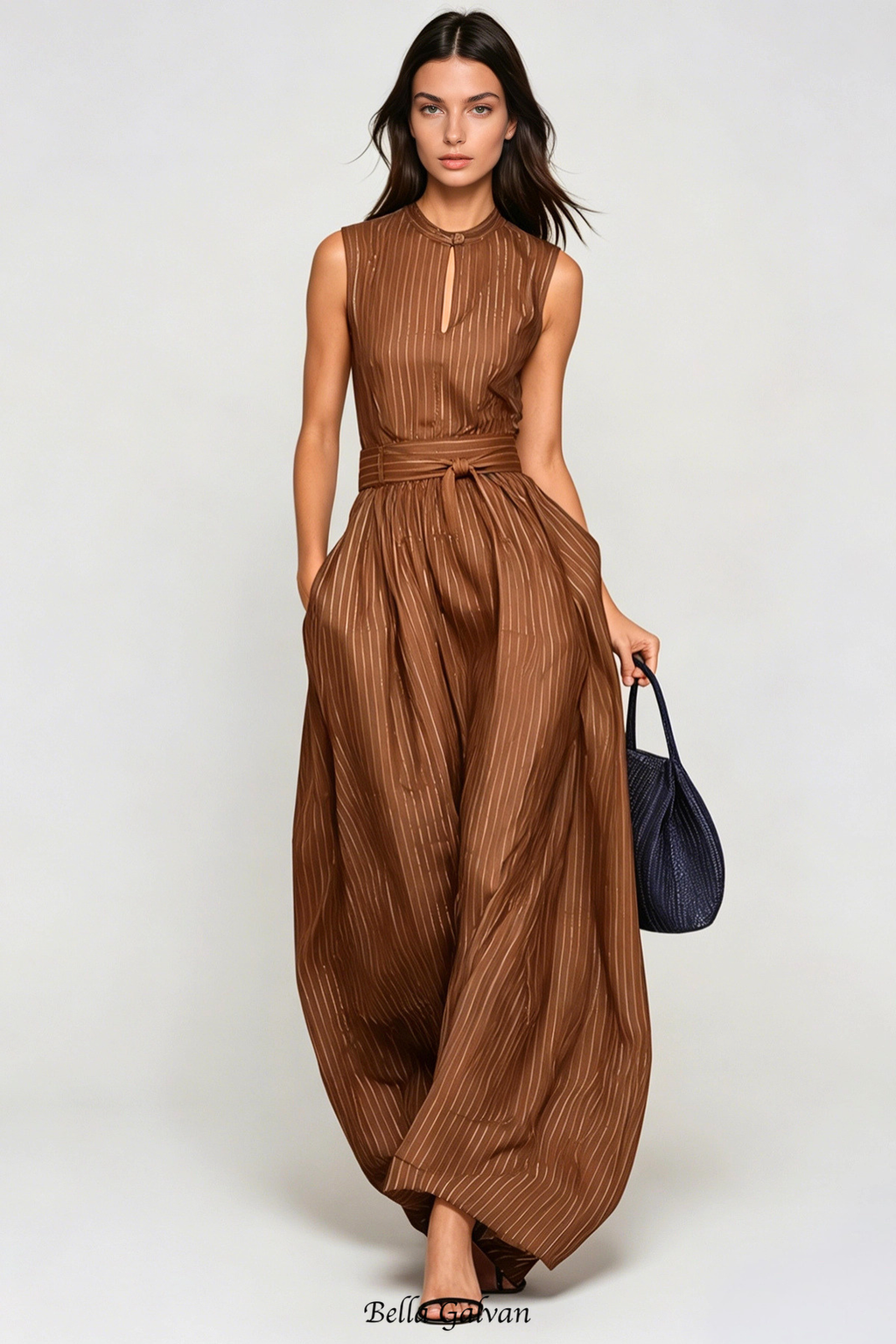 Flowering Girl Women Eufemia Sleeveless Stripe Cutout Jumpsuit - Brown