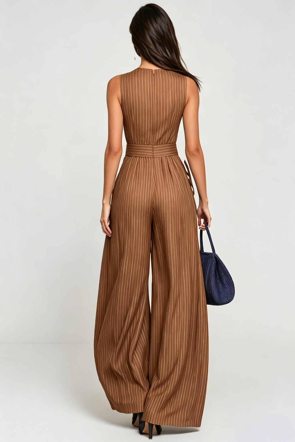 Flowering Girl Women Eufemia Sleeveless Stripe Cutout Jumpsuit - Brown