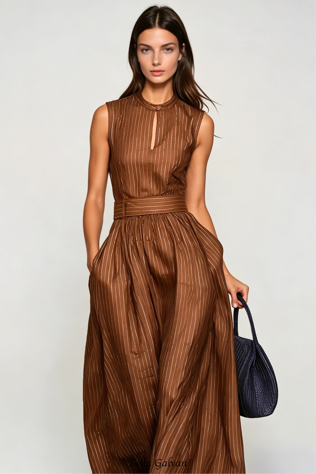 Flowering Girl Women Eufemia Sleeveless Stripe Cutout Jumpsuit - Brown