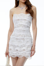 Flowering Girl Women Strapless Scalloped Lace Tiered Mini Dress
