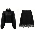 Black Lace Ruffle Neck Puff Sleeve Top & A-Line Skirt Two-Piece Set
