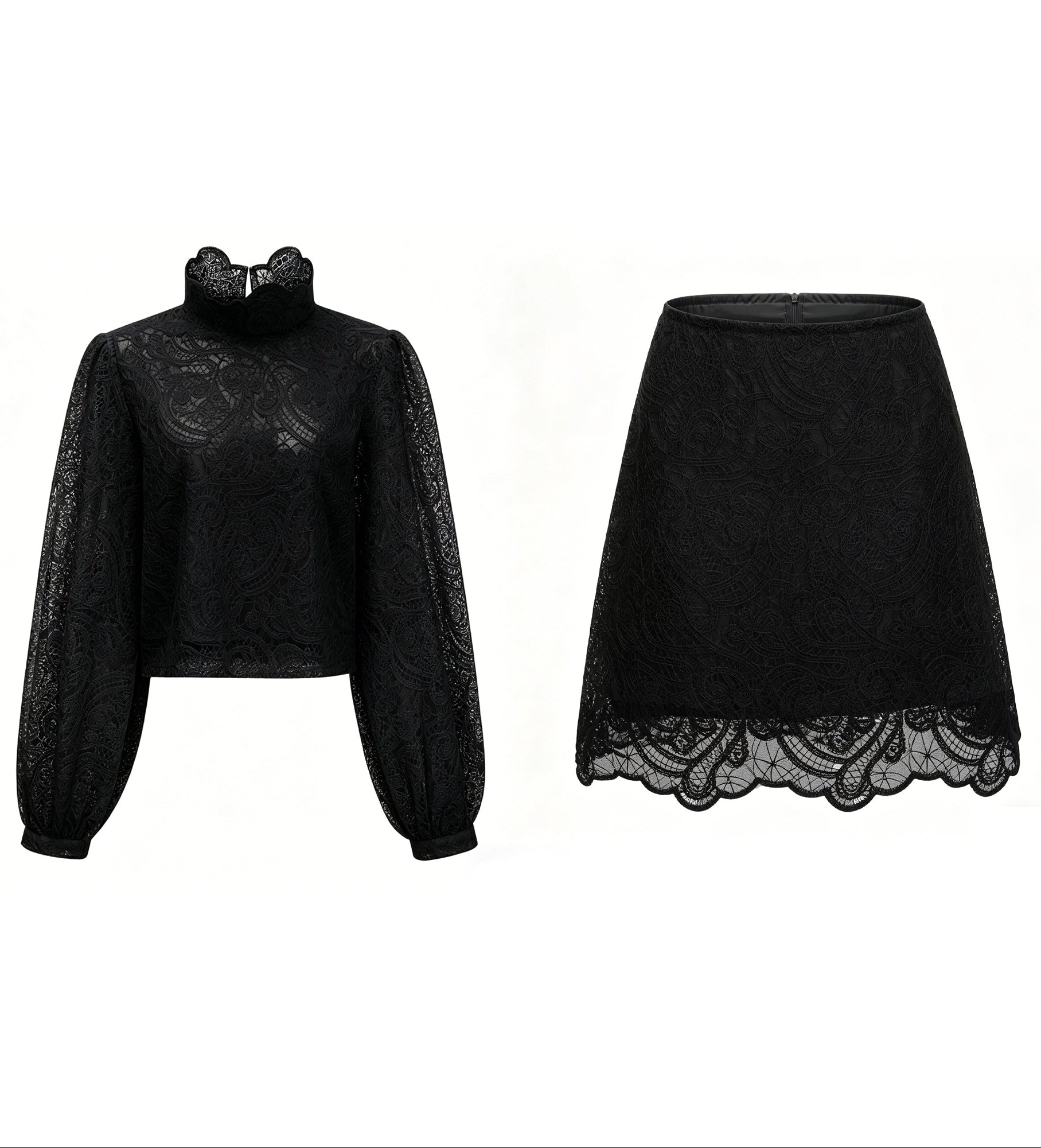 Black Lace Ruffle Neck Puff Sleeve Top & A-Line Skirt Two-Piece Set