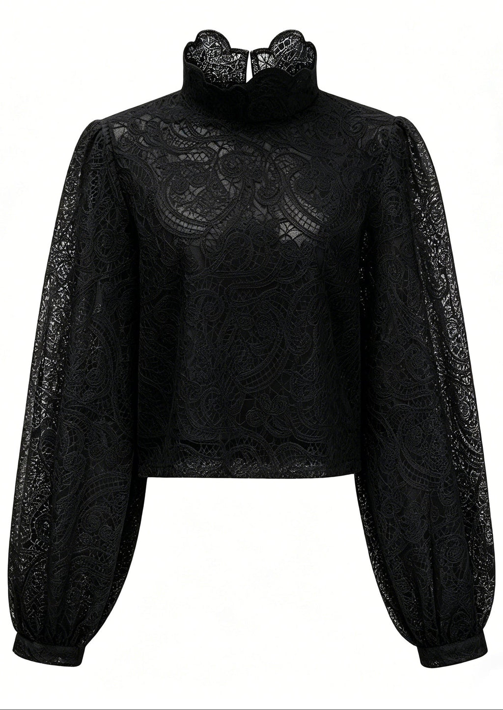 Black Lace Ruffle Neck Puff Sleeve Top & A-Line Skirt Two-Piece Set