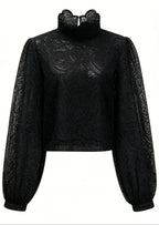 Black Lace Ruffle Neck Puff Sleeve Top & A-Line Skirt Two-Piece Set