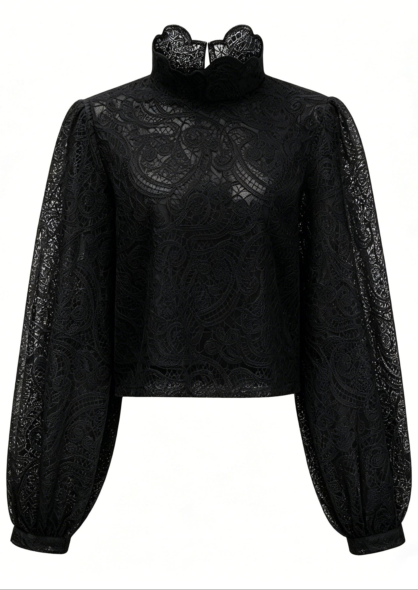 Black Lace Ruffle Neck Puff Sleeve Top & A-Line Skirt Two-Piece Set