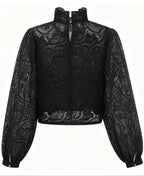 Black Lace Ruffle Neck Puff Sleeve Top & A-Line Skirt Two-Piece Set