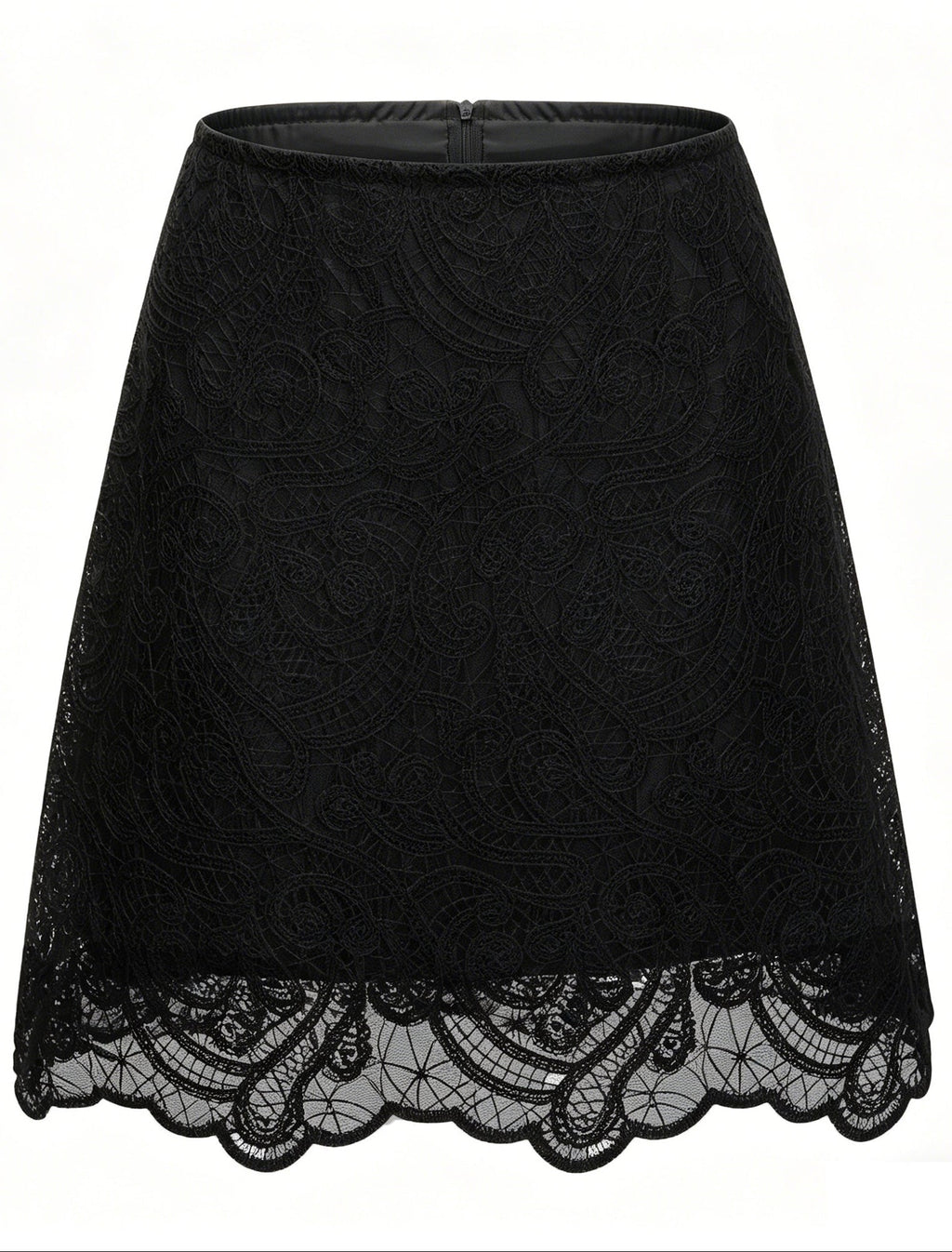 Black Lace Ruffle Neck Puff Sleeve Top & A-Line Skirt Two-Piece Set