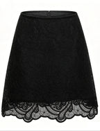 Black Lace Ruffle Neck Puff Sleeve Top & A-Line Skirt Two-Piece Set