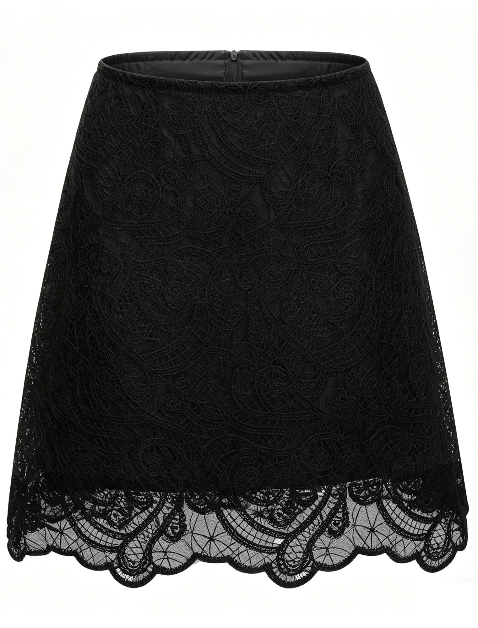 Black Lace Ruffle Neck Puff Sleeve Top & A-Line Skirt Two-Piece Set