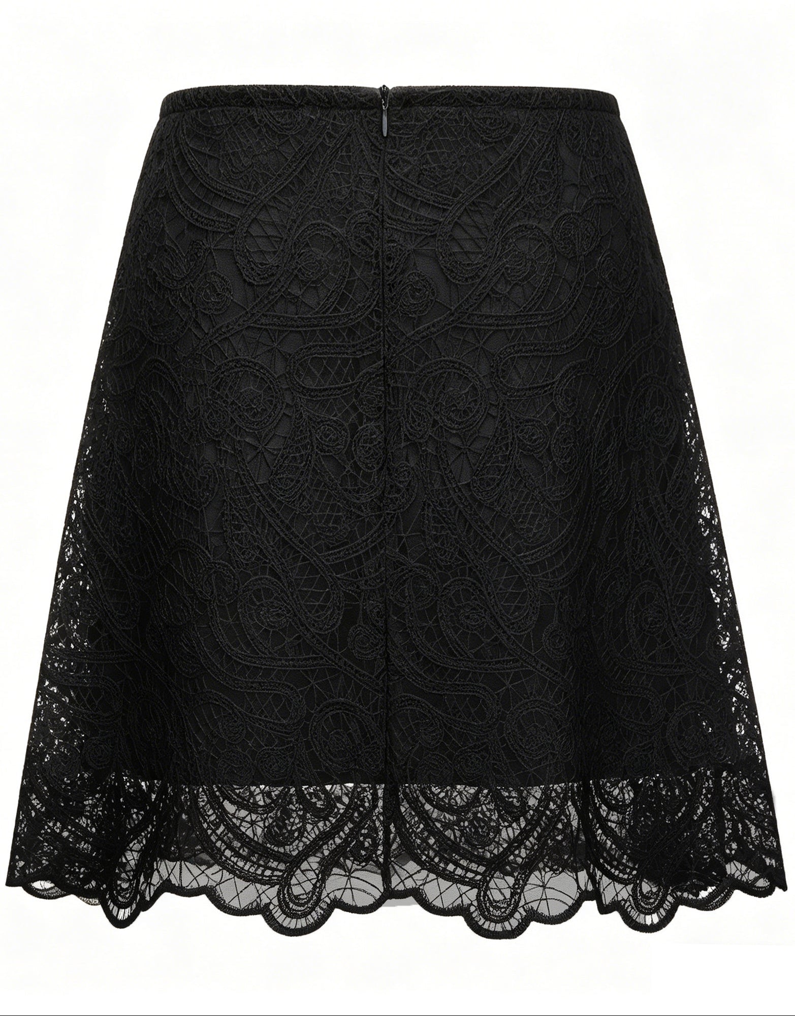 Black Lace Ruffle Neck Puff Sleeve Top & A-Line Skirt Two-Piece Set